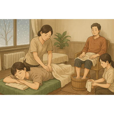 冬天必備的放鬆方案：全身按摩 × 沐足 × 溫熱按壓    冬におすすめのリラックスプラン：全身マッサージ × フットバス SPA × 温感ケア